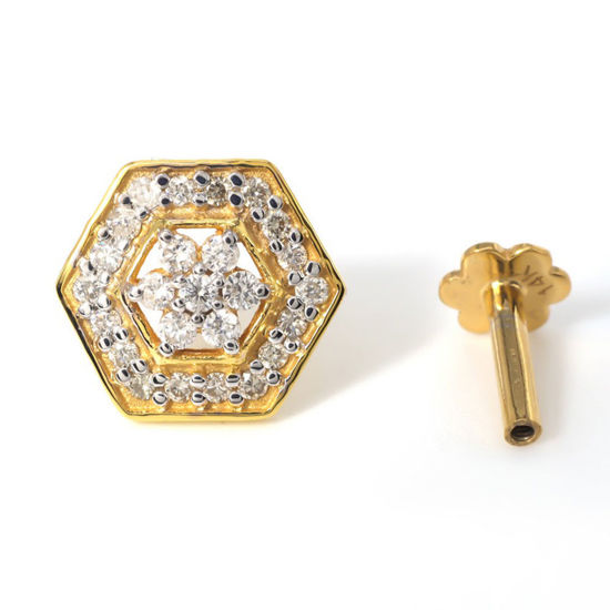 Picture of Hexagon design 14K Gold & Diamond studded Nose Piercing Screw