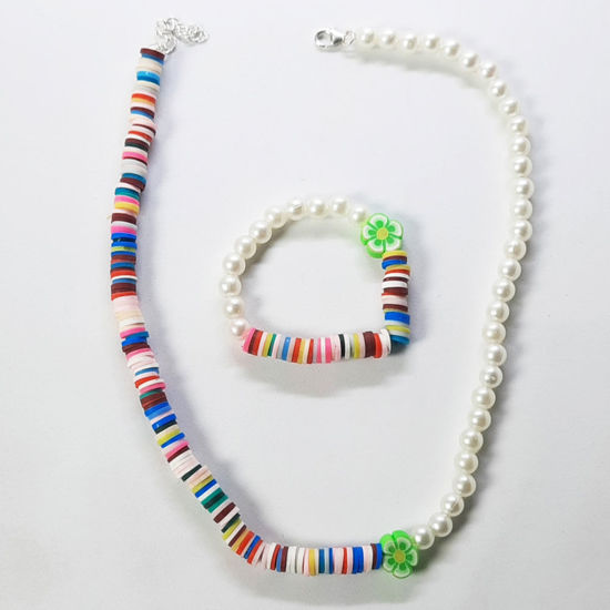 925 Silver Rainbow necklace set with clay beads &  pearls