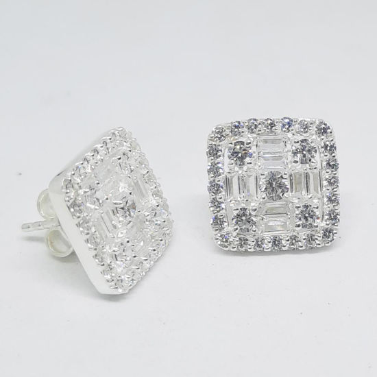 925 Silver Square Shaped  Studs in White stones
