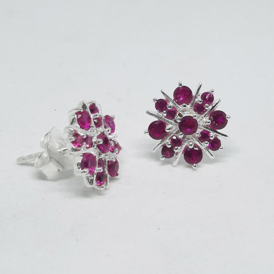 Bright Pink Glass Stones Flower Stud in Silver