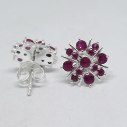 Bright Pink Glass Stones Flower Stud in Silver