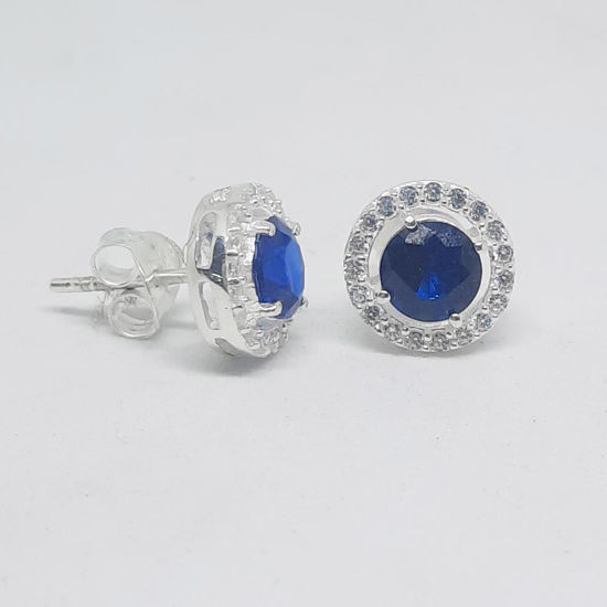 Stylish Blue Stone Halo Studs in Sterling Silver